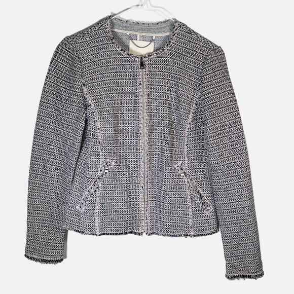 Rebecca Taylor Tweed Jacket Size 4 Zip Front Fringe Trim Pink Workwear Blazer - Picture 2 of 11